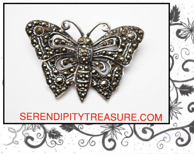 Sterling Marcasite Butterfly Brooch - Silver Insect Art Deco figurine Pin