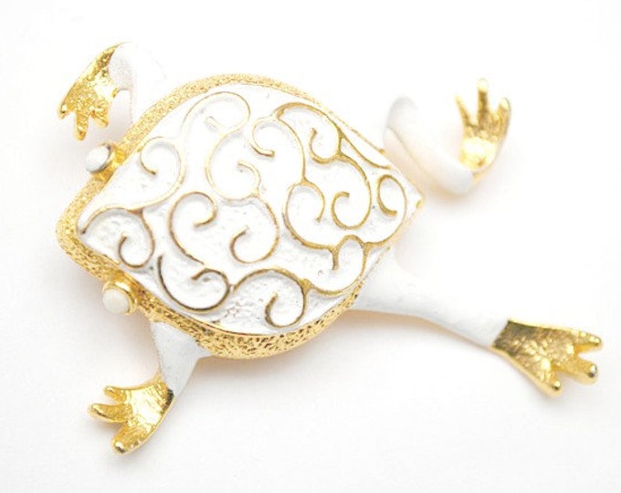 Frog Brooch - white enamel - gold plated -JJ Jonette Jewelry Company- figurine pin - signed