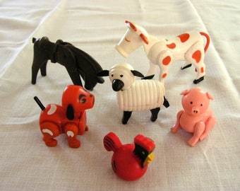 Fisher Price Barnyard Animals | vintage | Movable Joints | Made in Hong Kong | dog pig red rooster cow horse sheep | FP Little Barnyard