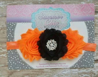 Black and Orange Halloween Headband, Baby Headband, Infant Headband, Newborn Headband, Baby Headband, Orange and Black on skinny elastic