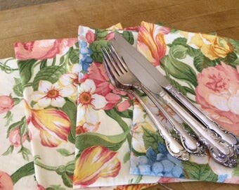 Peach, Yellow and Periwinkle Blue Floral Cloth Napkins, 18 inch - set of 4, by CHOW with ME