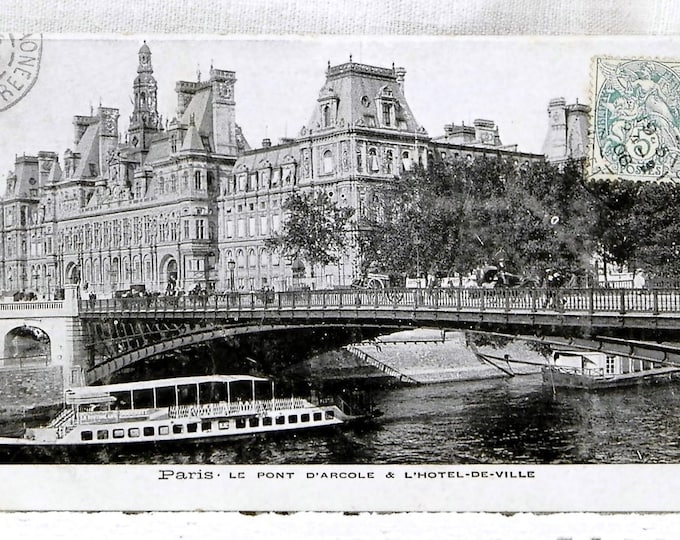 Antique French Black and White Postcard Paris L'Hotel de Ville and Le Pont D'Arcole, Vintage French Country Decor, Parisian Belle Epoque
