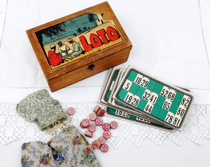 Vintage French Boxed Loto / Bingo Game Illustrated with Scene from North Africa With Cards and Tiles, Lottery Set from France, Dovetail Box