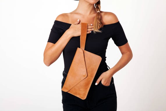 camel leather clutch