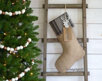 Christmas Burlap Stocking - Gray/Tan Plaid - Burlap Stocking, Christmas Stocking, Personalized Stocking, Stocking