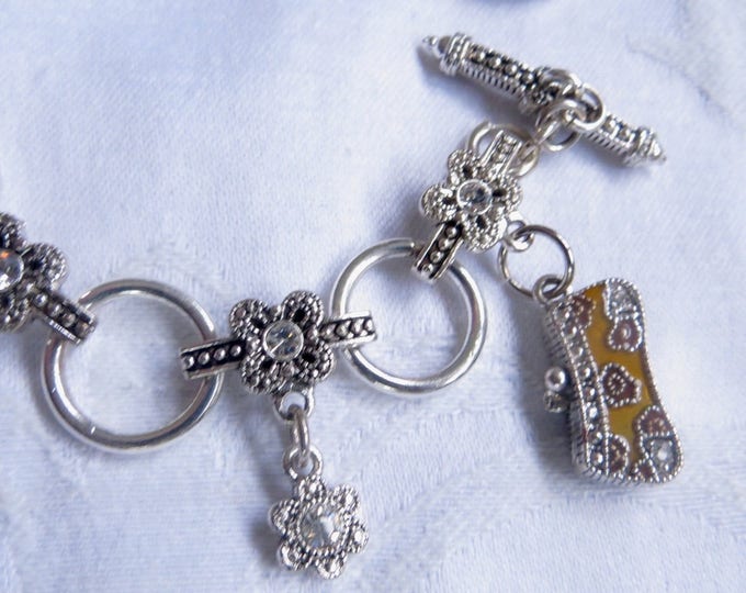 Vintage Charm Toggle Bracelet, Enamel Purses, Rhinestone Daisies, Designer Style