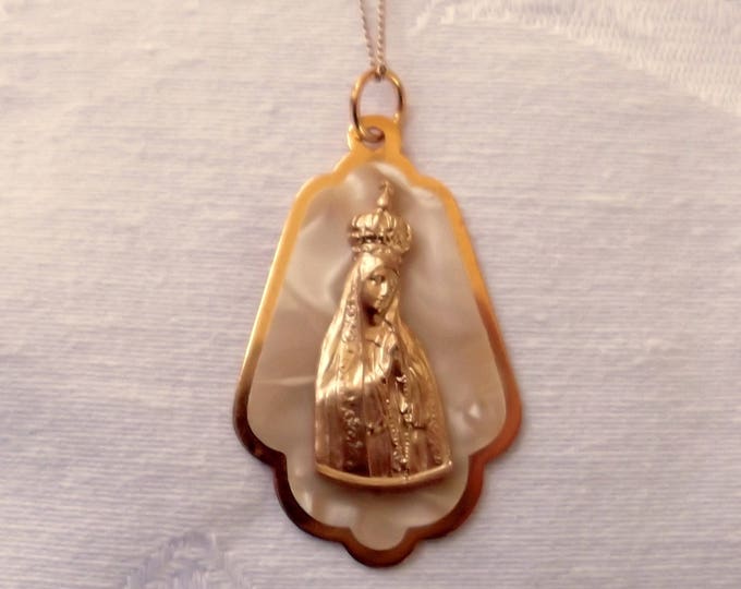 Our Lady of Fatima Pendant Necklace, 10K Gold Chain, Mother of Pearl, Portuguese Virgin Mary