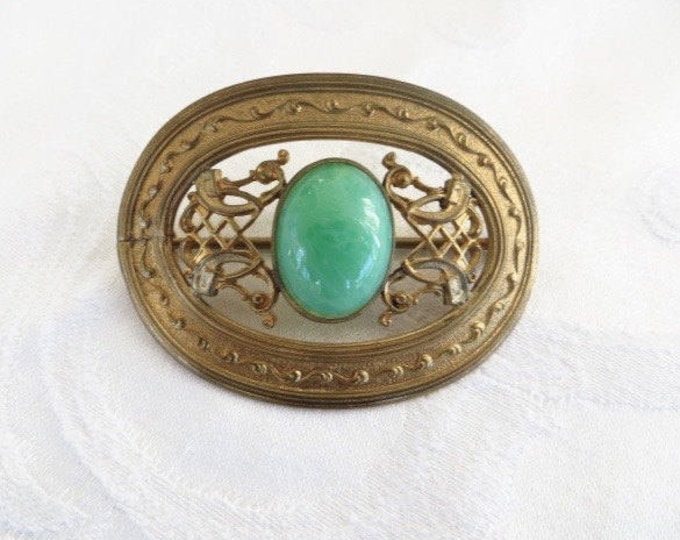 Art Nouveau Brooch, Peking Glass Center Stone, Filigree Work, Antique Sash Pin
