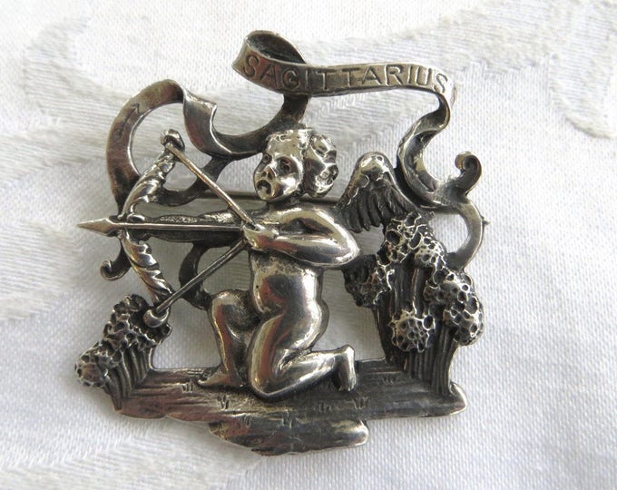 Vintage Cini Sterling Sagittarius Brooch, "The Archer" Cherub with Archery Bow, 1940s Sagittarius Pin