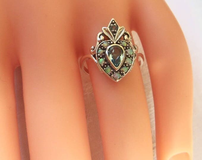 Art Deco Ring, Sterling Silver, Aquamarine and Opal Stones, Fleur Di Lis Top, Heart Shaped Ring