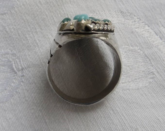 Vintage Navajo Men's Ring, Turquoise and Sterling Silver, Size 10.5, Old Pawn, Native American Jewelry