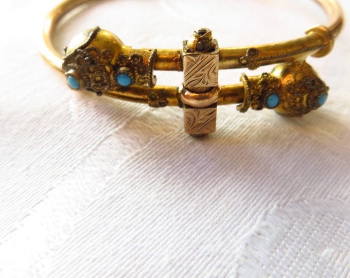 Victorian Wedding Bracelet, Etruscan Style, Gold Filled, Turquoise Stones, Bridal Bracelet