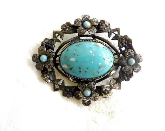 Vintage Floral Brooch, Silver Flowers with Faux Turquoise Center Stone, Handmade