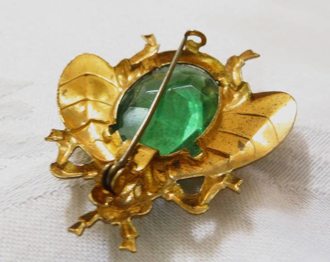 Antique Bug Brooch, Brass and Green Glass, Faceted Stone, Old C clasp, Vintage Insect Jewelry