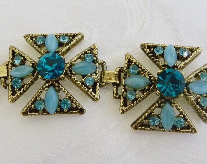 Maltese Cross Bracelet, Vintage Malta Cross, Aqua Rhinestones, Heraldic Bracelet, French Inspired Jewelry