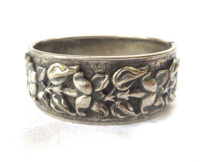 Art Nouveau Bangle Bracelet, Silver Raised Relief Floral Design, Pressed Metal Base, Hinged Bangle Bracelet, Art Nouveau Jewelry