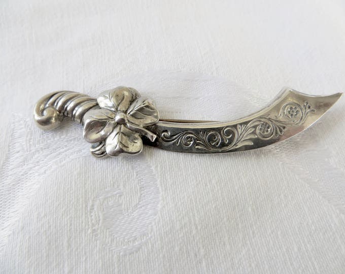 Vintage Scimitar Sword Brooch, Signed Beau Sterling Silver Pin, Silver Sword, Etched Blade