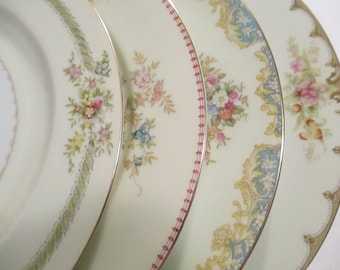 Vintage Mismatched China Dinner Plates, Bridal Luncheon,Wedding, Shabby, Bridal Gift, Dinner Party, Garden Party - Set of 4