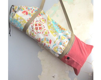 Yoga mat bag, Yoga mat carrier - Floral red, turquoise, yellow - Medium-Large