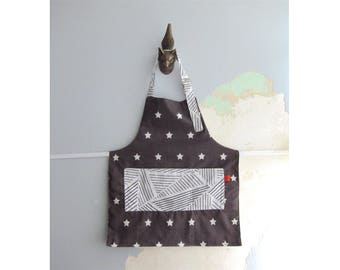 Toddler Apron with pockets - White and charcoal stars stripes