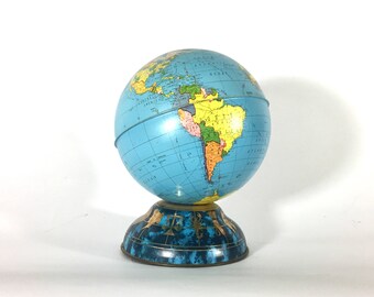 Ohio Art Tin Globe Bank, Zodiac Base, Mid Century, 1960s