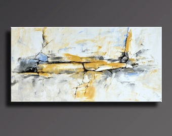 ABSTRACT PAINTING Yellow Gray White Black Blue Painting Original Canvas Art Contemporary Abstract Modern Art 48x24 wall decor - Unstretched