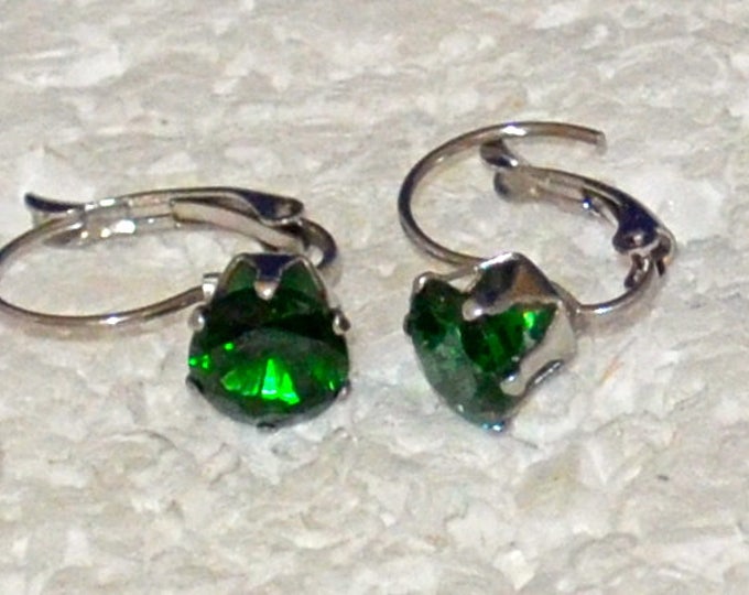 Green Zircon Leverback Earrings, 8mm Round, Natural, Set in Stainless Steel E1064