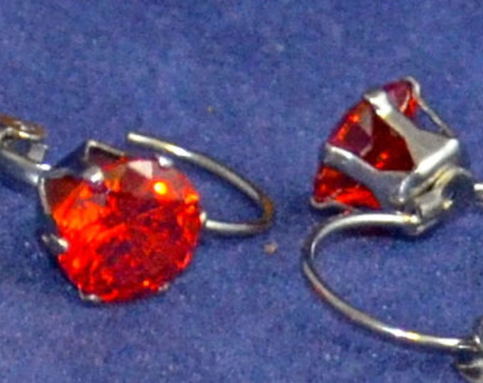 Red Zircon Leverback Earrings, 8mm Round, Natural, Set in Stainless Steel E1062