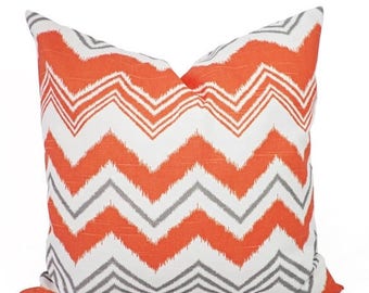 15% OFF SALE Decorative Pillow Covers - Two Orange and Grey Pillows - Orange Pillow Cover - Decorative Cover - Chevron Pillow - Orange Pillo