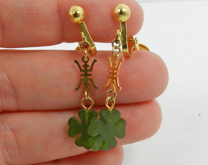 Vintage JADE Four Leaf Clover Clip Earrings, St Patricks Earrings, Lucky, Asian Motif, Chinese New Year, Costume Jewelry, Dangle Drop