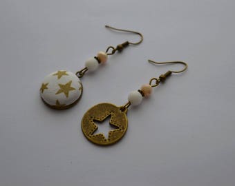 Earrings dissociated "stars" fabric Liberty, brass, Czech glass, agate