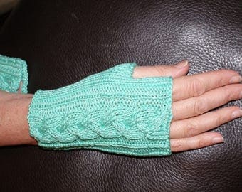 Fingerless gloves women, mid-length, green coconut cotton / iridescent