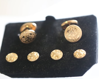 Vintage Tuxedo Cuff Links Shirt Studs Set, Etched Yellow Gold Gold Plated Cufflinks Cuff Link Set, Men GROOM Gift