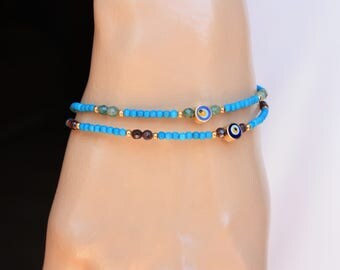 Evil Eye Bracelet, Tiny Turquoise, Garnet &Jade 18k Gold Filled Evil Eye Friendship, Turkish Jewelry
