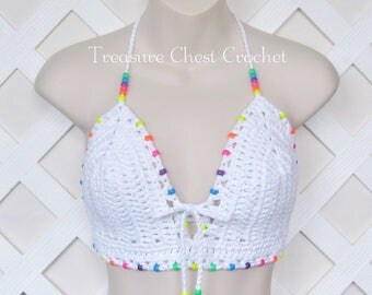 Kandi Bead White Rave Crochet Halter Top Kandi Bead Top Rave Halter Rave Bra Kandi Bra Dance Halter