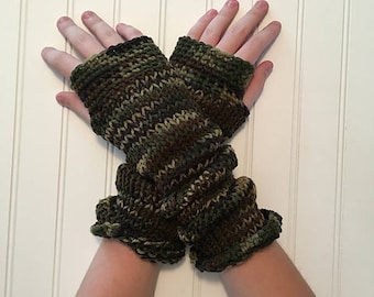 Awesome Extra Long Fingerless Gloves Hand-Knit in Camo Camouflage Greens