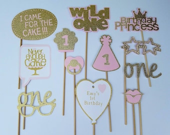Pink and Gold First Birthday Photo Booth Props-12 Pieces