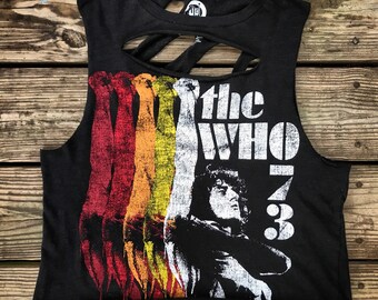 THE WHO '73 Black Shredded Back Custom Distressed Cropped T-Shirt XS-S