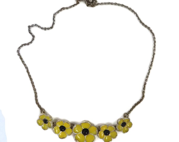 Yellow Flower Necklace, Vintage Enameled Floral Necklace, Bib Necklace, Summer Necklace, Gift Idea