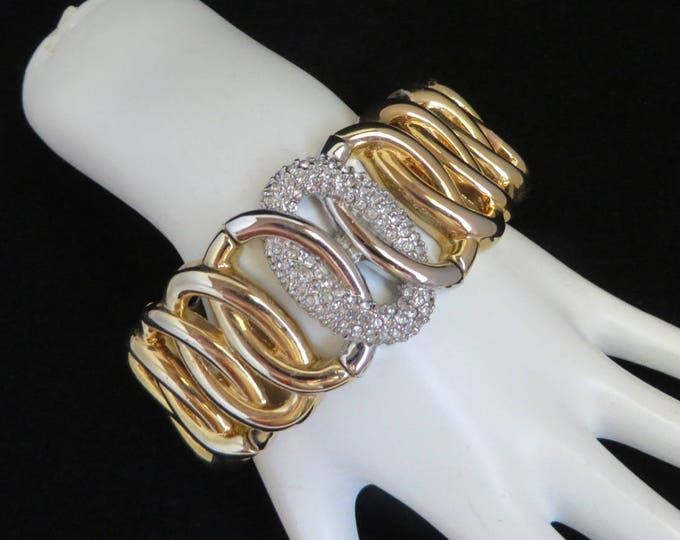 Goldtone Stretch Bracelet, Wide Expansion Bracelet, Rhinestone Studded Bracelet, Link Bracelet, FREE SHIPPING