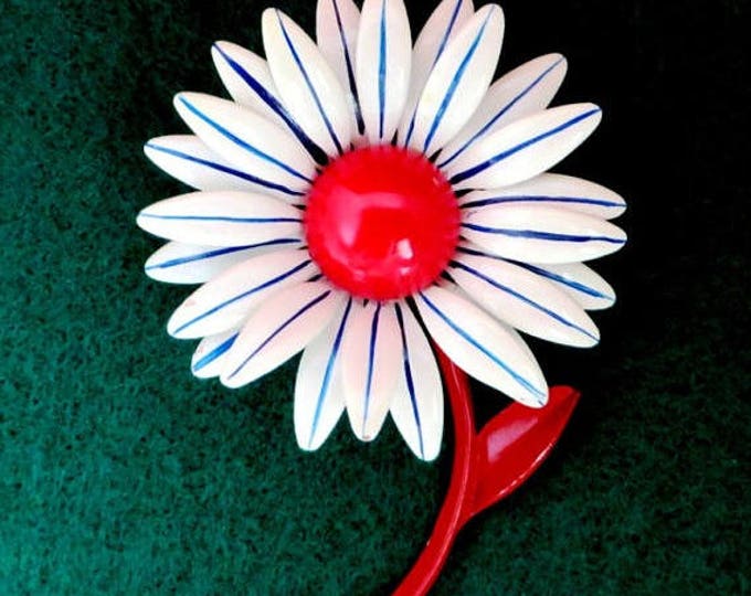 Vintage Red White Blue Enamel Daisy Pin, 1960s Flower Brooch Retro Flower Spring Summer Jewelry