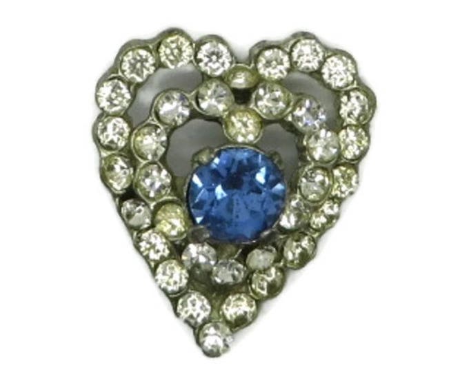 Rhinestone Heart Brooch, Vintage Blue, White Love Heart Pin, 1950s Jewelry Gift Idea