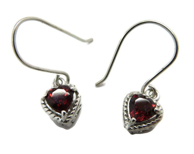 Vintage Garnet Heart Earrings, Sterling Silver Dangling Pierced Earrings, Bridal Jewelry, Valentine's Day Gift