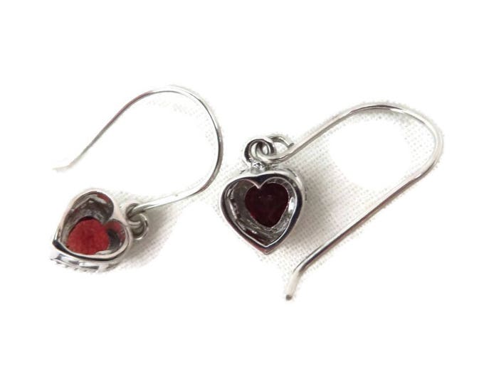 Vintage Garnet Heart Earrings, Sterling Silver Dangling Pierced Earrings, Bridal Jewelry, Valentine's Day Gift