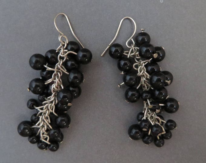 Black Bead Dangles, Vintage Pierced Beaded Earrings, Gift for Her