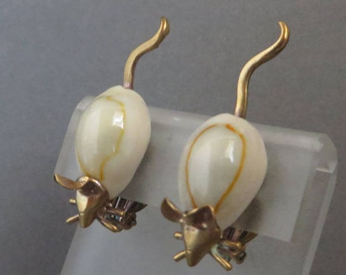 Vintage Mouse Earrings - West Germany Earrings, Natural Shell, Gold Tone Clip-on Earrings, Gift for Her