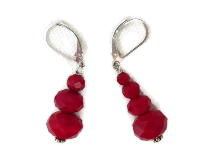 Red Bead Leverback Earrings, Vintage Faceted Holiday Pierced Earrings, Dangling Ornament Earrings
