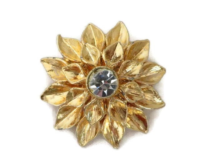 Gold Tone Flower Brooch, Vintage Rhinestone Center Floral Pin, Perfect Gift, Gift Box