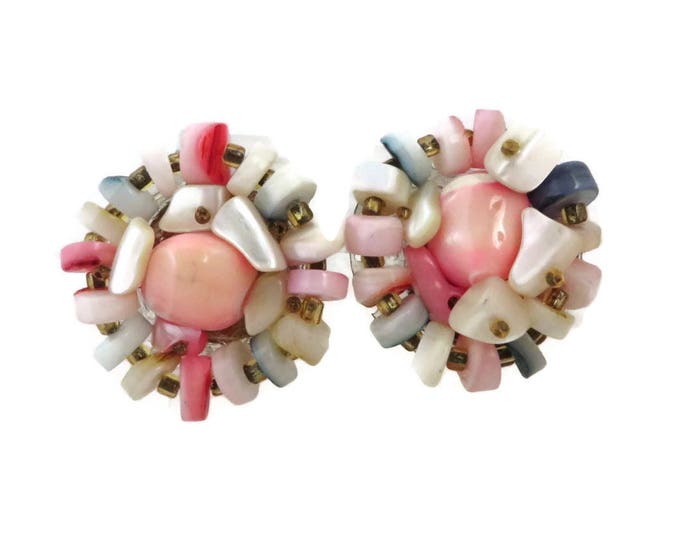 Pink Glass Japan Earrings, Vintage Shell and Glass Cluster Bead Clip-on Earrings, 1960s Jewelry