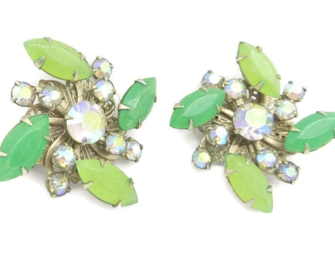Green Rhinestone Flower Earrings, Vintage Juliana Style, Gold Tone Clip-on Earrings, Bridal Jewelry
